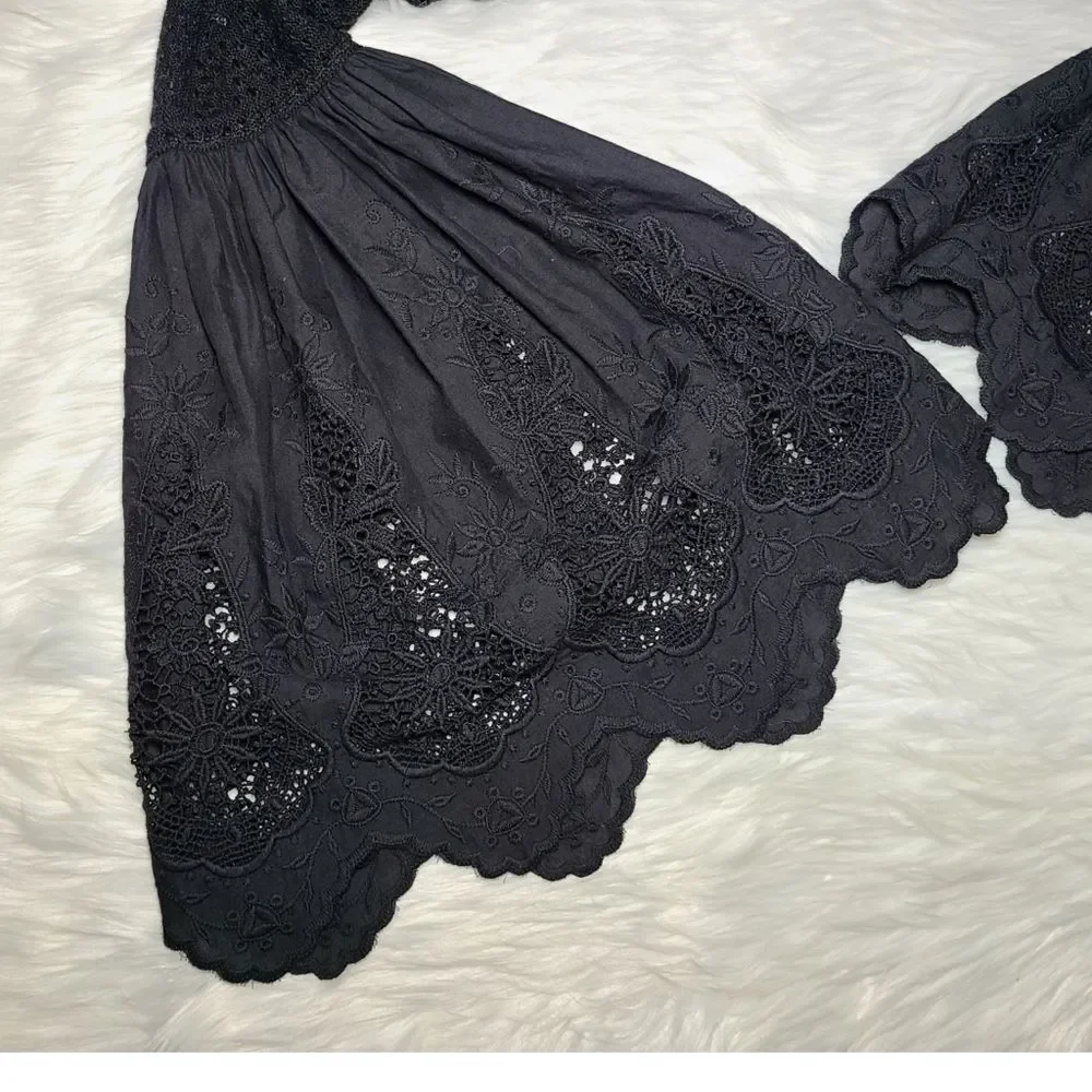 Free People|Once Upon-A-Time Black Bell Sleeve Lace Top, XS